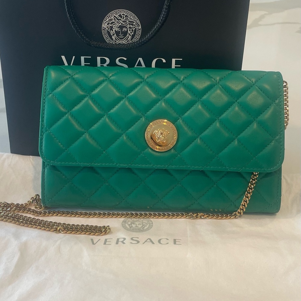 Versace La Medusa evening clutch ,with chain , green quilted lamb